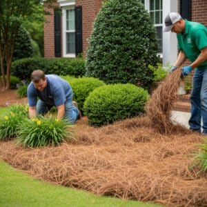 Professional pine straw installation with rolled edges for flower beds and landscape borders in Alpharetta and Cumming, GA