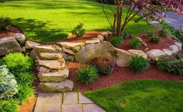 Stone Landscape with Mulch and Green Plants